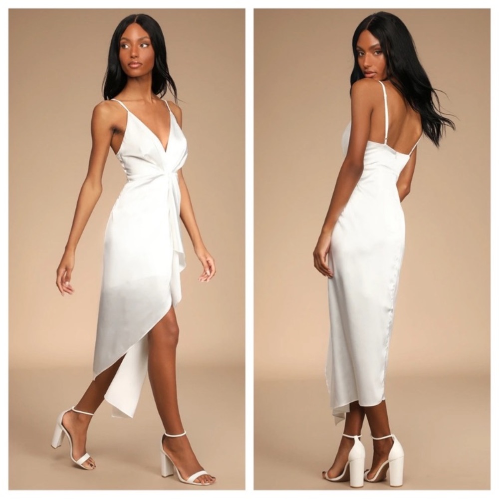 NWOT Lulus Caught Feelings White Satin Ruffled Midi Dress